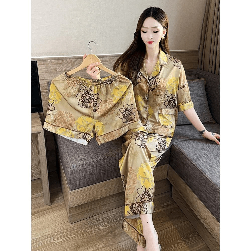 Al por mayor transfronterizo de tres piezas super suave forjado verano suave hilo de hielo suave cuatro lados rebote flor impresa pijama de mangas cortas para mujeres