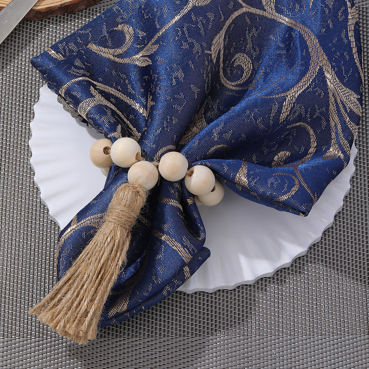 Amazon cuentas de madera borla servilleta anillo pastoral estilo registro servilleta hebilla tejida a mano cuerda de cáñamo servilleta anillo de tela de boca