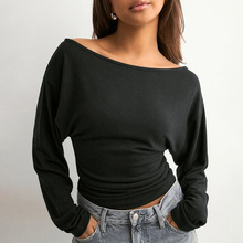 Y25TP365欧美跨境女装秋亚马逊新款套头一字领蝙蝠袖收腰纯色上衣