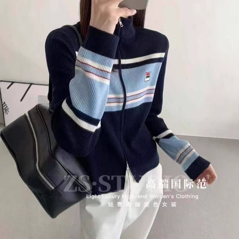 European-Style New Spring Collection Slim-Fit Versatile Wool Knit Cardigan with Color-Block Stripes, High Collar, Double Zipper Knit Cardigan for Women