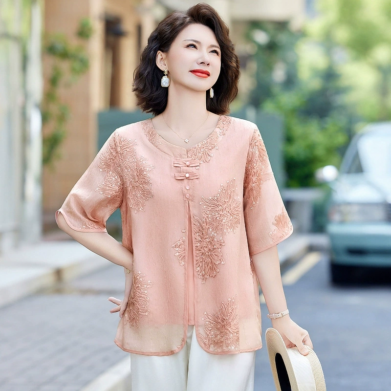 Мама летняя шифоновая рубашка 2025 новая широкая леди шифоновая рубашка среднего и пожилого женского летнего топ с короткими рукавами