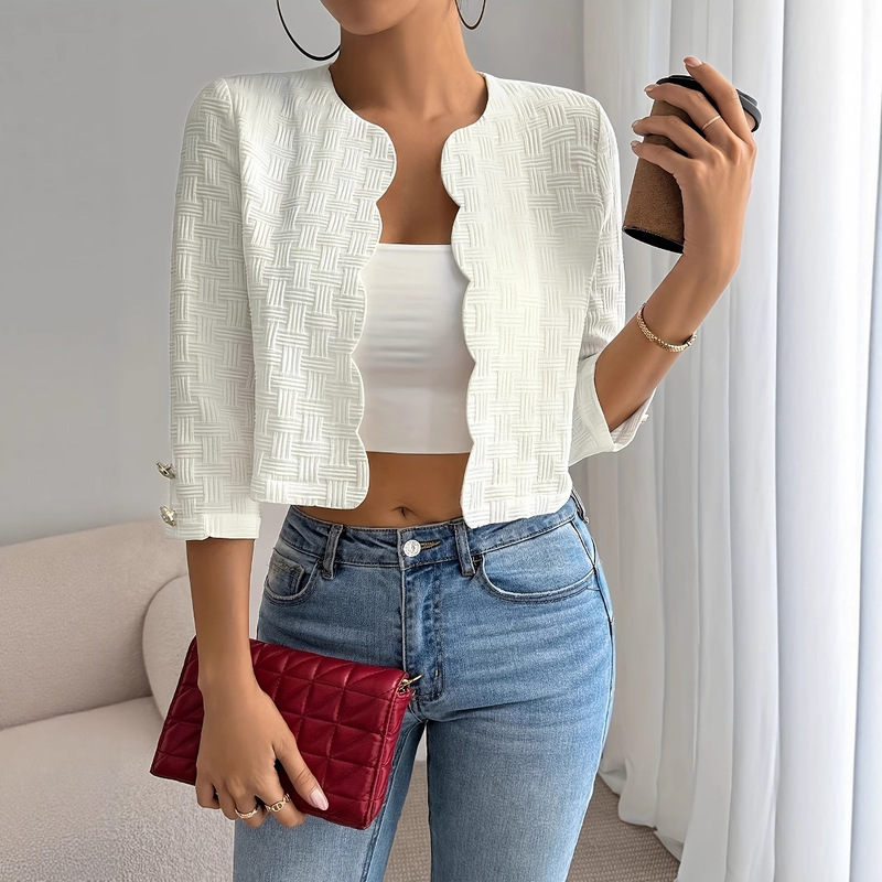 European and American Cross-Border Women's Casual Fashion Retro Style Solid Color Front Open Cropped Sleeve Spring and Autumn Short Jacket Coat
