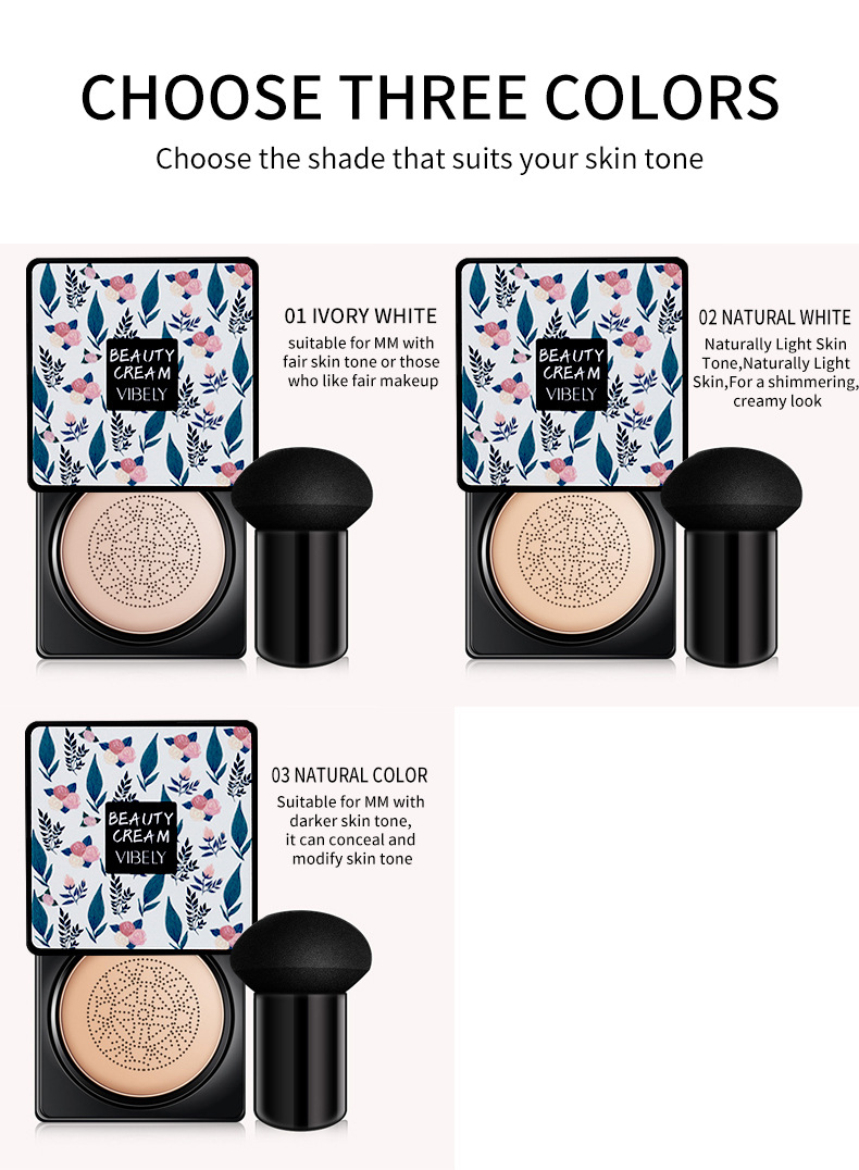 VIBELY Mushroom Head Cushion cc Cream is a light, brightening, non-smudging, concealing, dark circles and acne marks natural foundation undefined