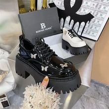 松糕底乐福鞋重工蝴蝶漆皮系带粗跟厚底小白鞋英伦风时尚系带单鞋