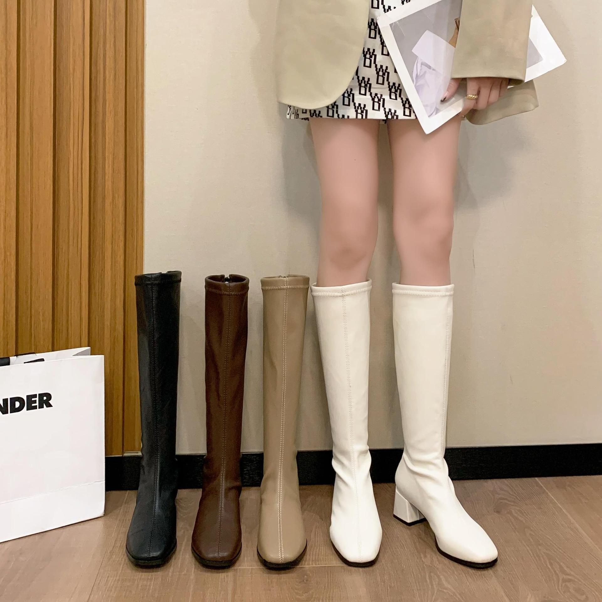 子膝2021粗跟小个子长靴女不过瘦瘦靴方头骑士靴冬季长筒新款加绒