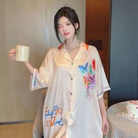 跨境外贸冰丝睡裙女夏季2026新款薄款短袖睡衣家居服睡衣女夏冰丝