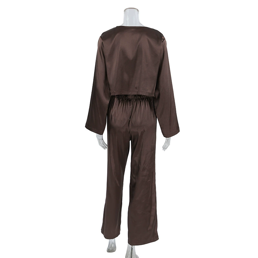 Summer long‑sleeve pajama set, trousers and top, European style, soft stretch (95% polyester)
