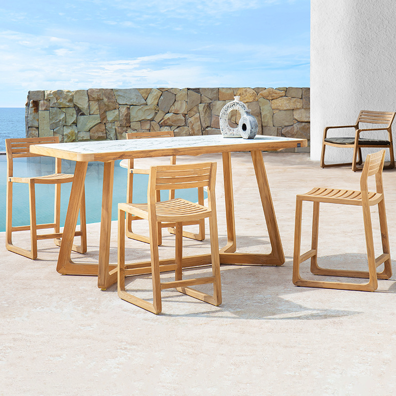 Mesa y sillas de madera maciza al aire libre patio jardín villa hotel tabla de roca mesa de comedor al aire libre muebles de teca impermeables anticorrosivos