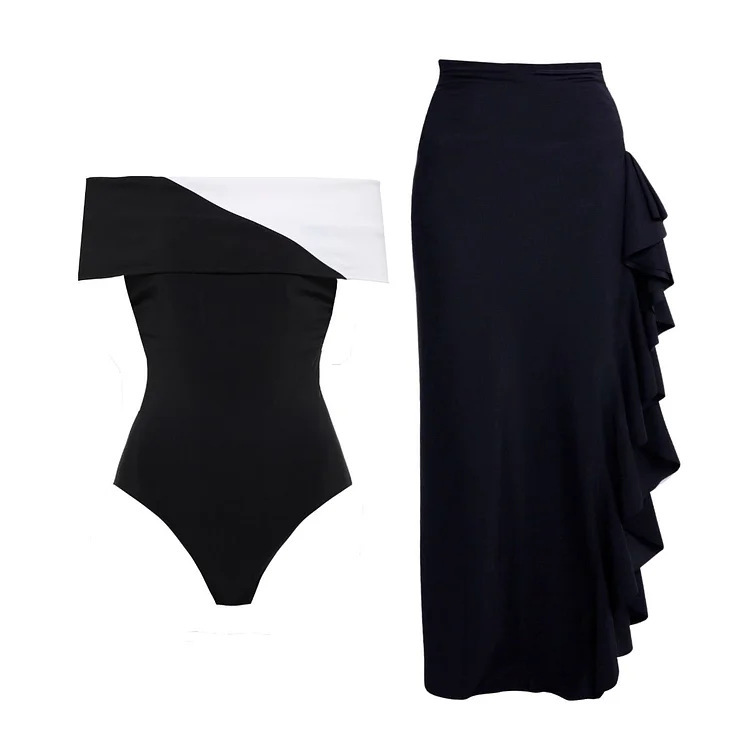 GraceChic GraceChic 2025 European American Swimwear New V-neck Black And White Patchwork Simple High-end One-piece Swimsuit Set For Women_voghion.com