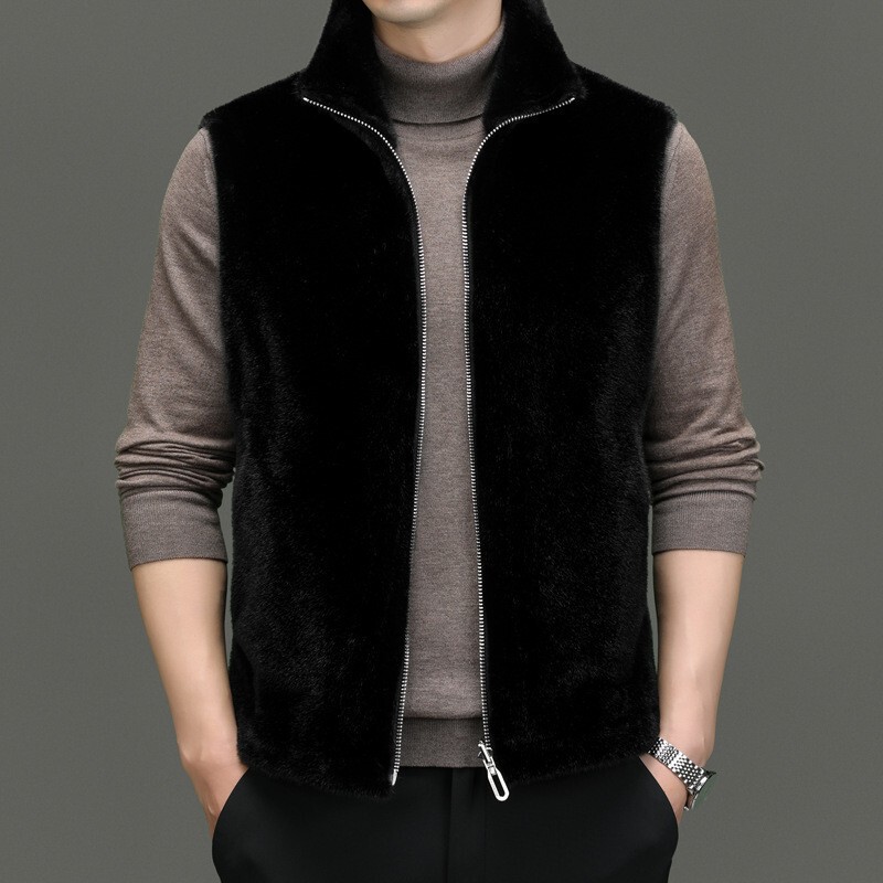 Artificial Fur Men's Vest, Fashionable Solid Color Faux Fur Stand Collar Imitation Mink Velvet Autumn and Winter Thickened Vest Jacket
