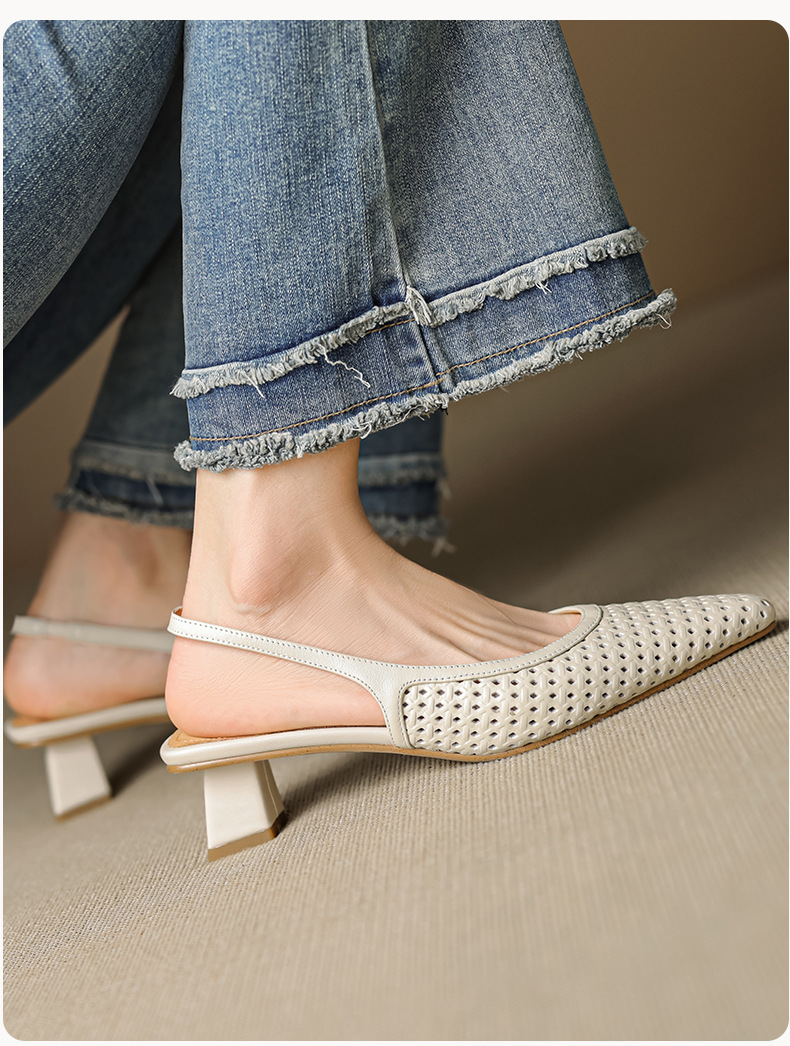 Sandal nữ da bò dệt mũi kín gót thô cao 6 cm phong cách công sở — đen chi tiết 16