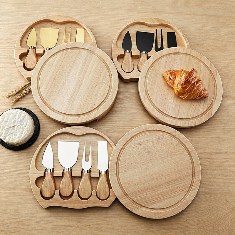 Caja de madera redonda de goma transfronteriza cuchillo de queso pizzeria pan snack platos de comidas occidentales cuchillo de queso conjunto bandeja