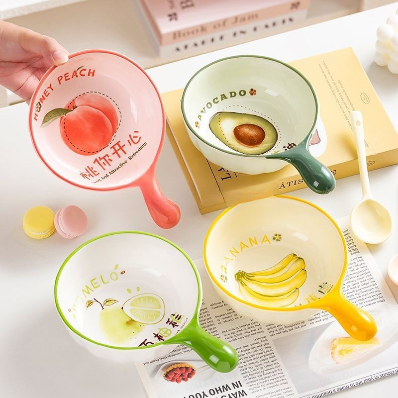 High-Quality Ceramic Bowl with Handle, Underglaze Color, Suitable for Home Use, for Eating, Drinking Soup, Desserts, and Snacks, Anti-Scalding and Heat-Resistant