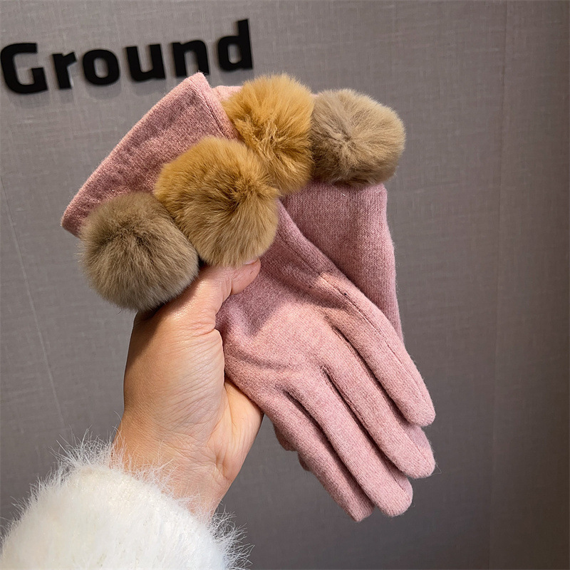 Gants en laine à cinq doigts pour femmes en laine à boules de poils, nouveaux modèles d'automne et d'hiver en cachemire à écran tactile, empilés et épaissis_voghion.com
