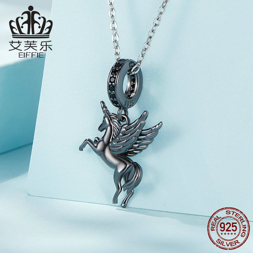 Evela Pure Silver S925 Black Heavenly Horse Pendant Necklace with Black Gold Zirconia Godlike Animal Charm SCC2389