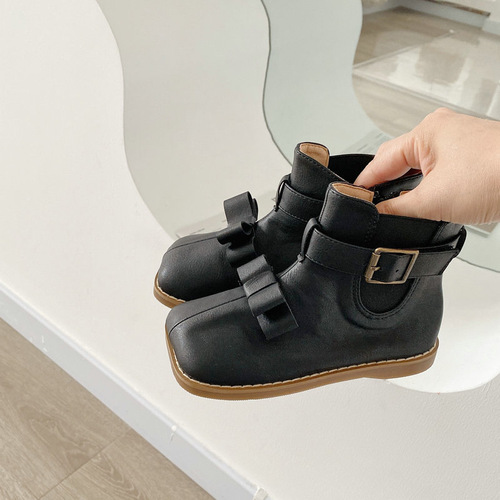 Korean girls' square toe mid-calf leather boots  autumn and winter new style short boots single boots British Martin boots