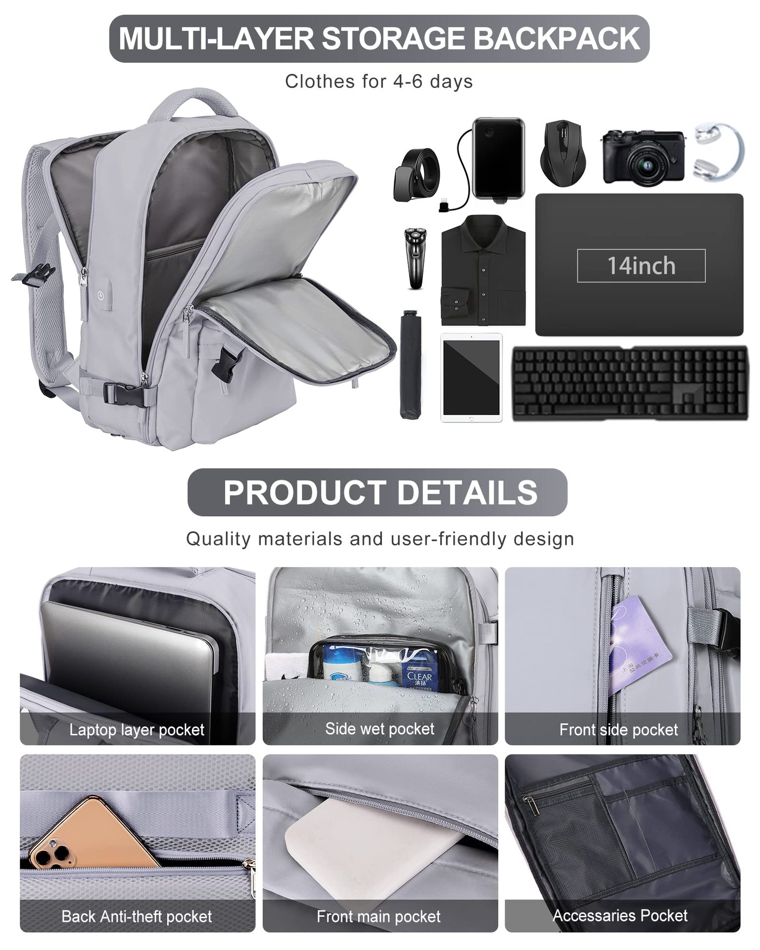 1875g Weight Nylon Lining Material Zipper Closure Type Double Shoulder Straps Strap Type Functional Backpack Bags Type Travel, Daily Occasion Nylon Material Women's Backpack Backpack Solid Color Pattern All Seasons Season Unisex Gender Streetwear Style Square Shape Solid Color Travel Daily Women's Backpack 40