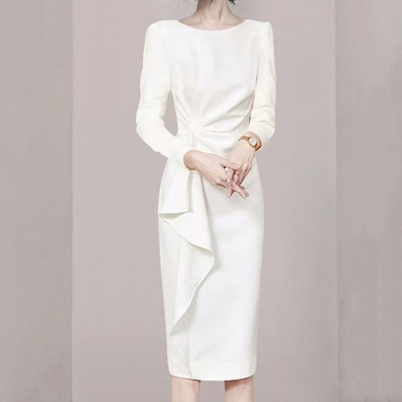 Socialite Elegant White Long-Sleeved Dress Autum Women's High-End Ruffled Work Clothing Simple Slimming Look Hip-Hugging Skirt Socialite Elegant White Long-Sleeved Dress Autum Women's High-End Ruffled Work Clothing Simple Slimming Look Hip-Hugging Skirt