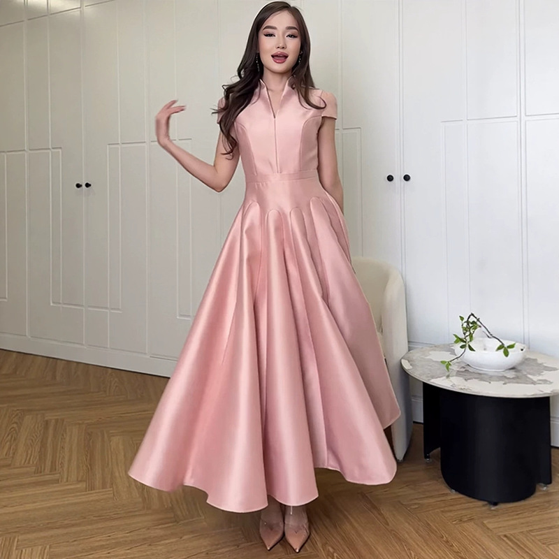 2026 Summer New Style European and American Amazon Foreign Trade New French Elegant Short-Sleeve Long Dress Gown 2026 Summer New Style European and American Amazon Foreign Trade New French Elegant Short-Sleeve Long Dress Gown
