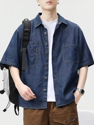 Japanese Retro Workwear Short-Sleeve Shirt for Men with a Cool and Stylish Vibe, Spring and Summer Five-Sleeve Stylish Denim Shirt, Loose Short-Sleeve Blouse