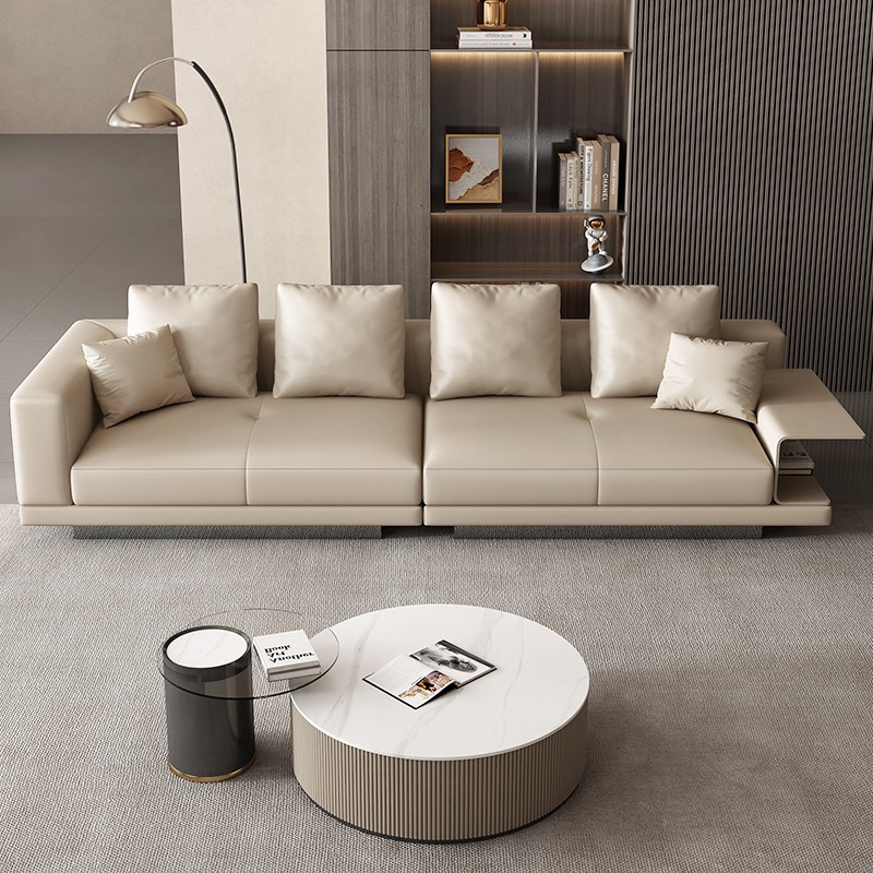 Primera capa de piel de vaca Connery sofá fila recta sofá de cuero de lujo ligero de tres asientos moderna sala de estar simple apartamento grande y pequeño