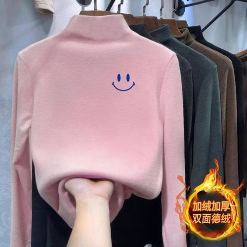 Women's Base Layer Top New Autumn/Winter Thick Medium and Large Children Long Sleeve Fleece Thick Half High Collar Stylish Top