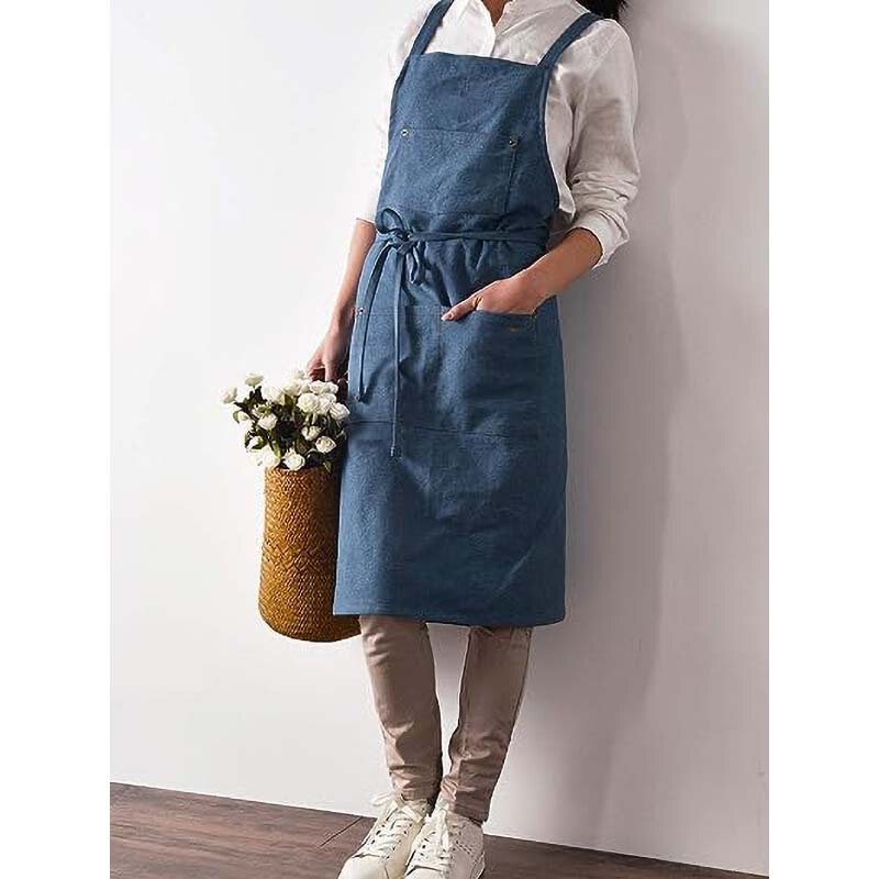 Multi-Pocket Denim Apron Breathable Simple Artistic Women's Work Manicure Kitchen Coffee Workwear Custom-Made