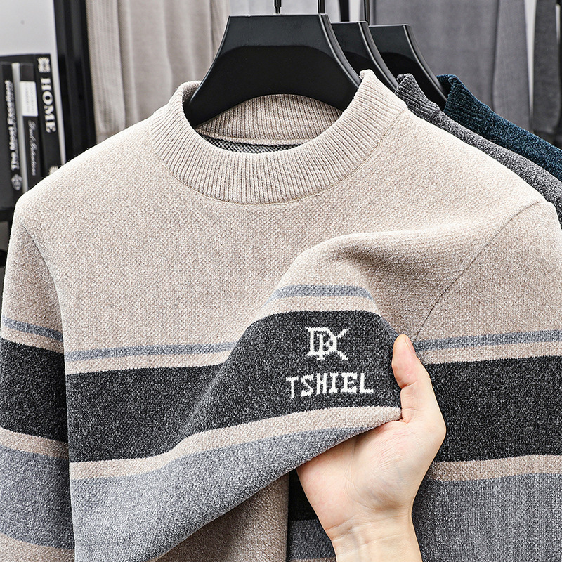 Chenille Autumn and Winter Men's New Knitwear Thickeneded Young and Middle-Aged Casual Round Neck Warm Bottoming Knitwear Top