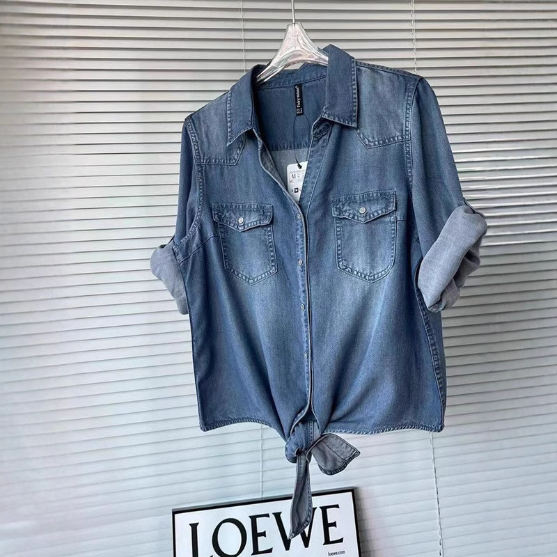 S18 Non-Returnable, Non-Exchangeable Denim Short-Sleeve Shirt for Women, Short Style, Versatile, Stylish, Knotted Cape, Small Shawl Jacket for Women