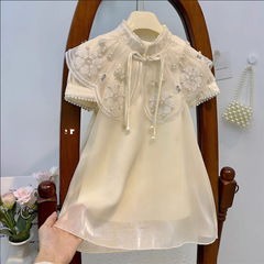 Vintage Heavy Work Dress for Girls 2024 Summer New Children's Stylish Cloud Shoulder Cheongsam Baby Short Sleeve Princess Dress