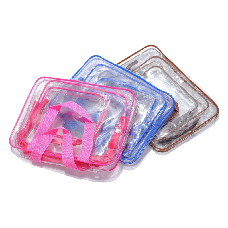 Fábrica en stock de viaje de lavado transparente de tres piezas de PVC bolsa de cosméticos bolsa de lavado impermeable bolsa de almacenamiento portátil logo