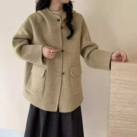 2025新款双面羊毛大衣韩系盘扣连帽宽松学院风毛呢小个子外套显瘦