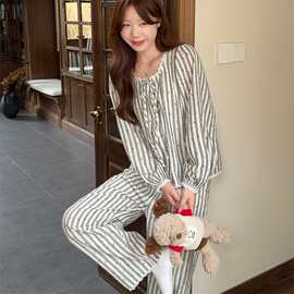 2026早春新品条纹花朵少女长袖长裤睡衣甜美花边宽松家居服套装