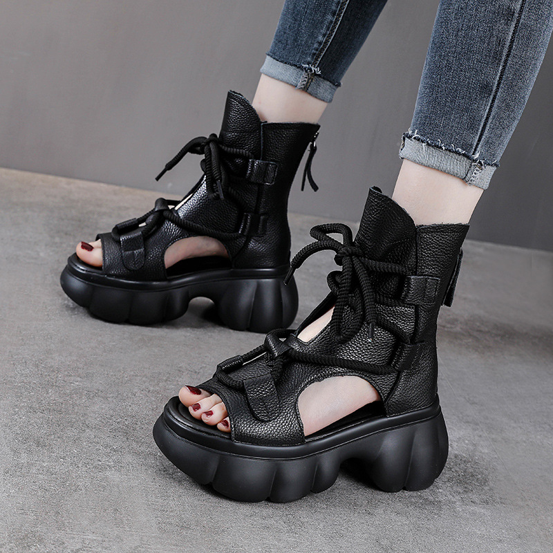 Sandal cao gót nữ hở mũi phong cách La Mã, đế dày, da bò thật, cổ cao lỗ thoáng — màu be