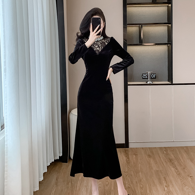 Cross-border supply 2024 winter new Korean fashion collar long sleeve slim slim waist long dress