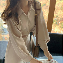 春秋新款法式复古连衣裙气质高级小黑裙赫本风长裙收腰显瘦衬衫裙