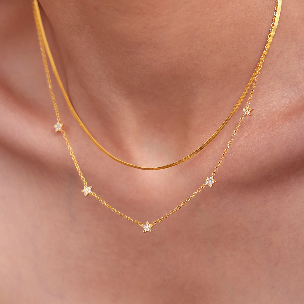 Cubo de azúcar ins pentagrama con circón pequeño diamante estrellas del cielo clavícula collar de titanio chapado en oro simple doble collar mujer