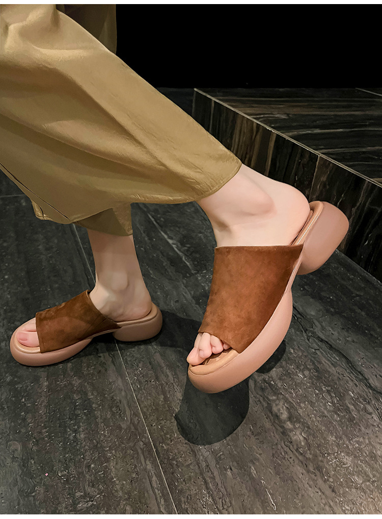 Dép sandal nữ quai ngang đế dày gót 5 cm, mềm êm, đi biển hè — xanh lam, nâu sẫm chi tiết 9