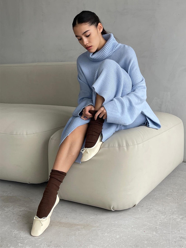 Bộ đầm áo len cổ cao dài tay phối chân váy dài dệt kim form rộng nữ — 50% Visco, 30% Polyester, 20% Nylon, Màu trắng be, Màu xanh lam, Màu xám chi tiết 11