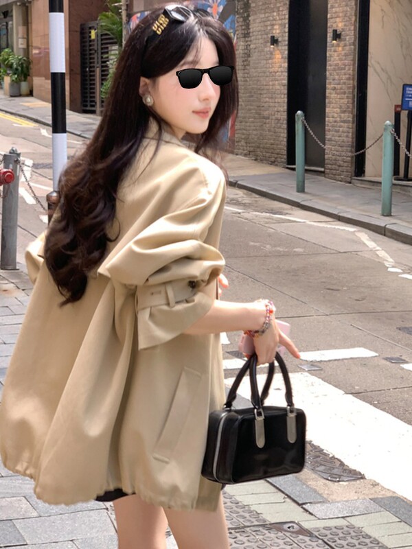 夏诗文 撞色翻领上衣女秋廓形可调节扣袢中长款风衣外套|undefined