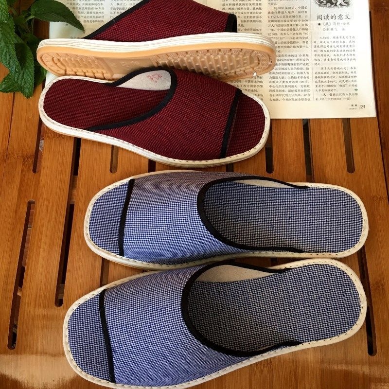 夏季透气纯棉布拖鞋男女防滑牛筋底露趾格子凉拖室内外穿情侣拖鞋