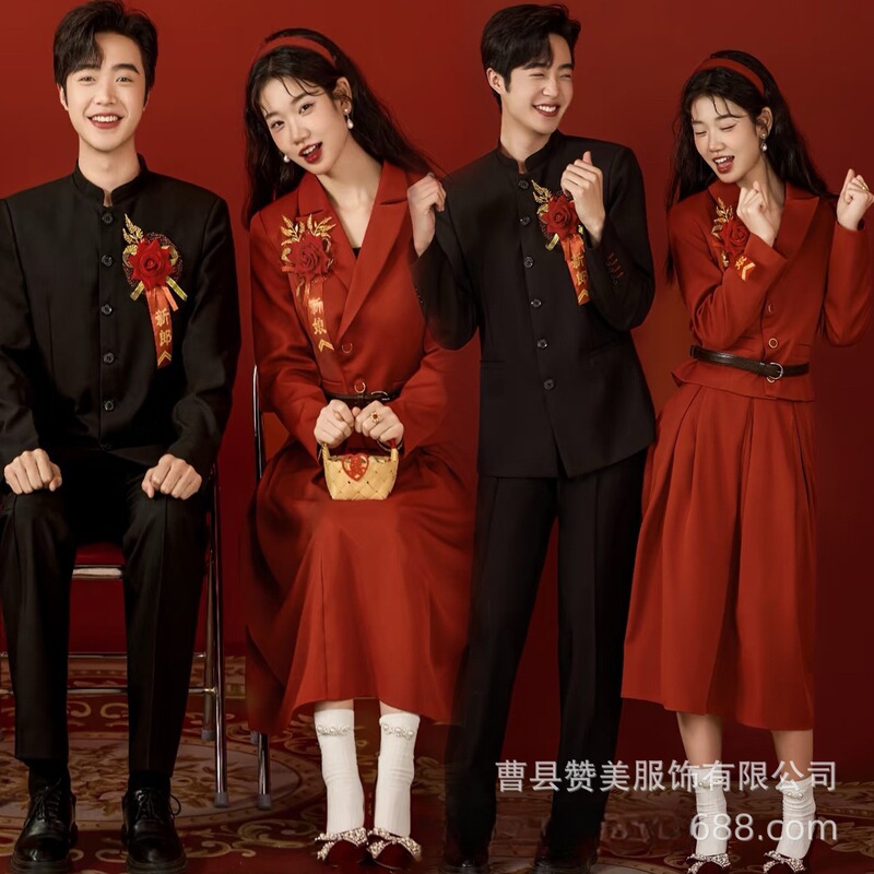 Photo Studio's New 80S Red Wedding-Style Couple Photography Theme Retro Bridal Engagement Dress Photography Clothing
