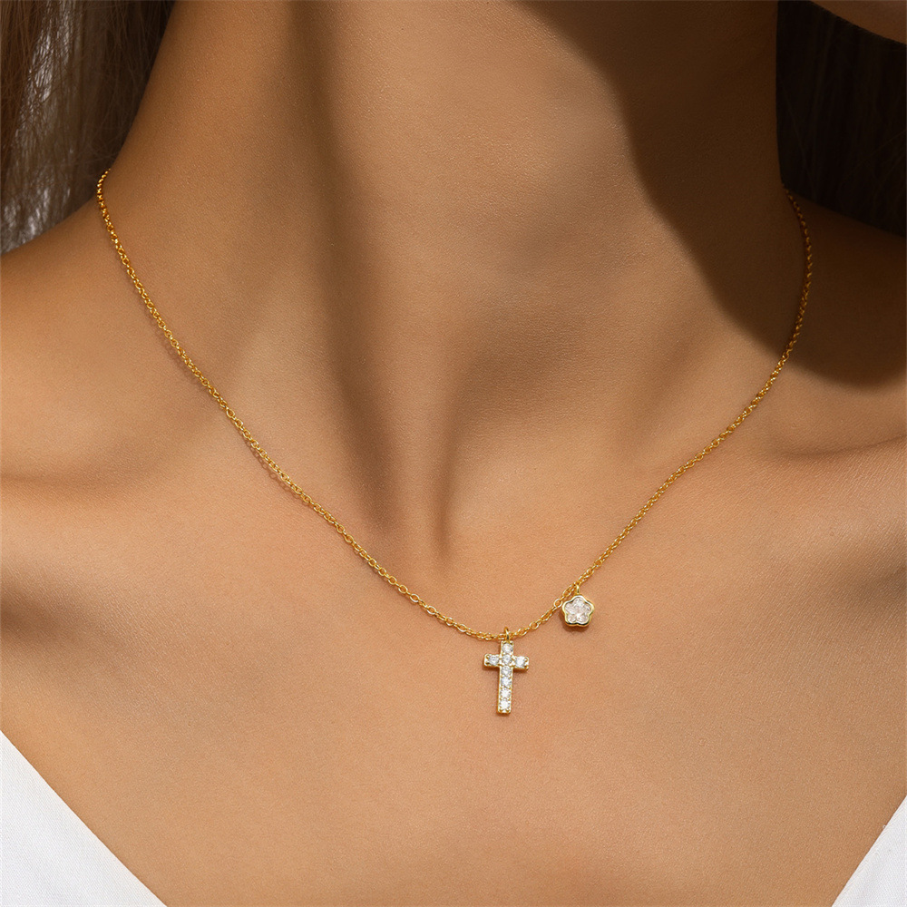 925 Sterling Silver Zircon Cable Chain Plating Cross Flower Multi Charms Necklace display picture 3