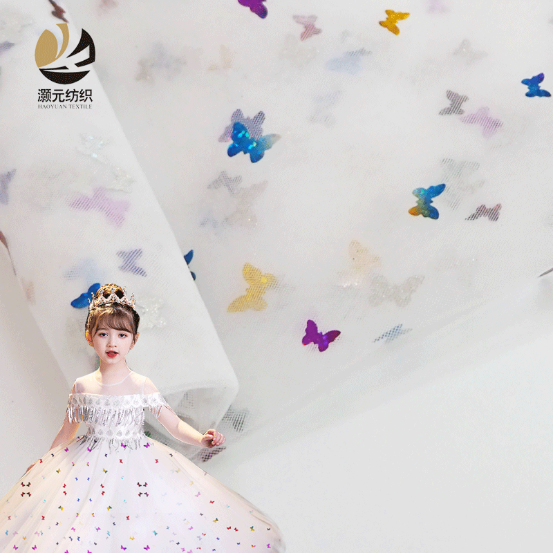 Fabricantes de mariposa colorida sequinilla tela de malla ropa infantil princesa vestido tela de malla ropa de rendimiento tela de malla en stock