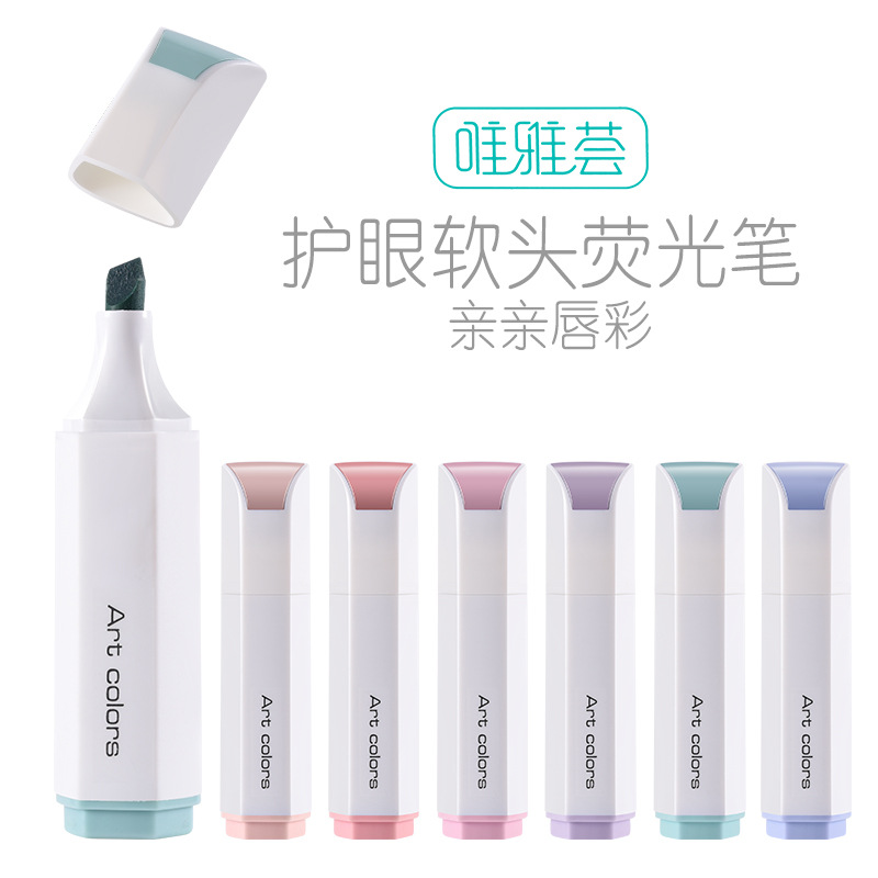 Resaltador simple de cabeza suave de protección ocular de 6 colores para estudiantes, pegatinas gratis, trazo de bricolaje, bolígrafo clave, rotulador, herramienta de pintura al por mayor