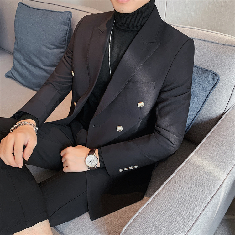 boy Boy 2024 Cross-Border Double-Breasted Business Suit Slim Fit Solid Color European And American Simple Men's Blazer Jacket_viptrois.com