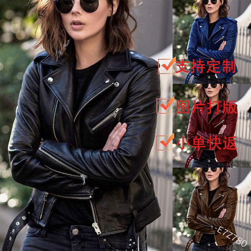 Cross-border 2023 New European and American Motorcycle Leather Jacket Spring and Autumn Women's Leather Jacket Women's Short Slim-fit Leather Jacket