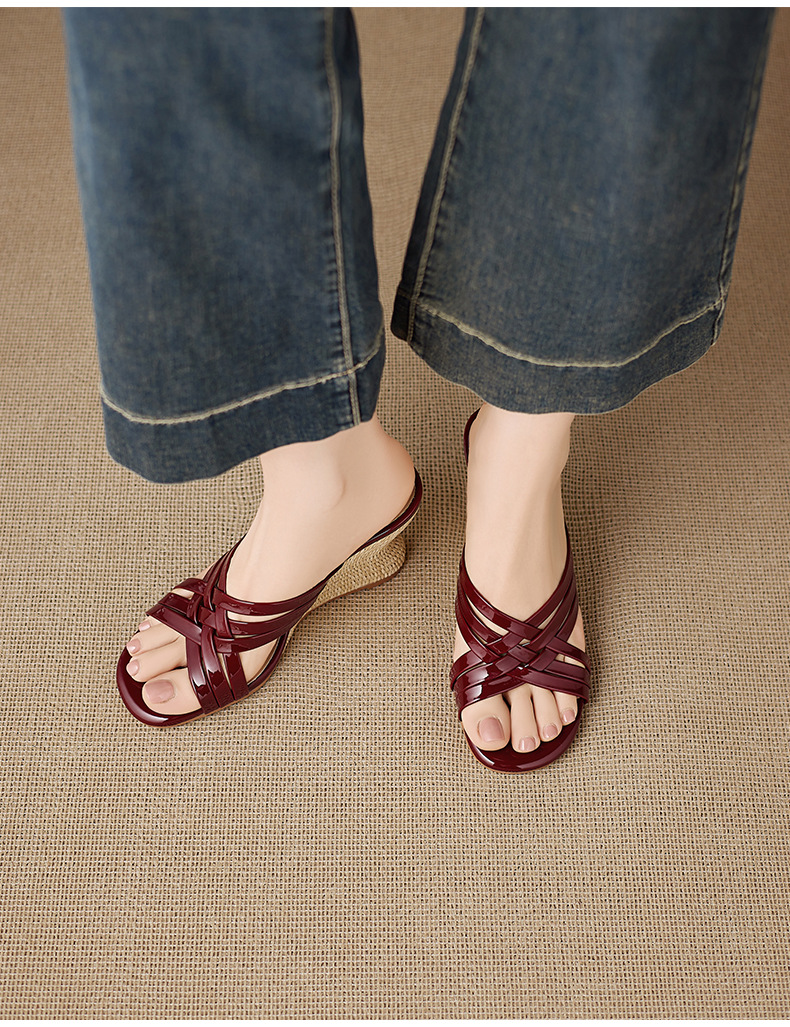 Dép sandal nữ quai chữ V mũi vuông hở ngón đế xuồng cao gót 5 cm — Rượu vang đỏ, màu trắng ngà chi tiết 11