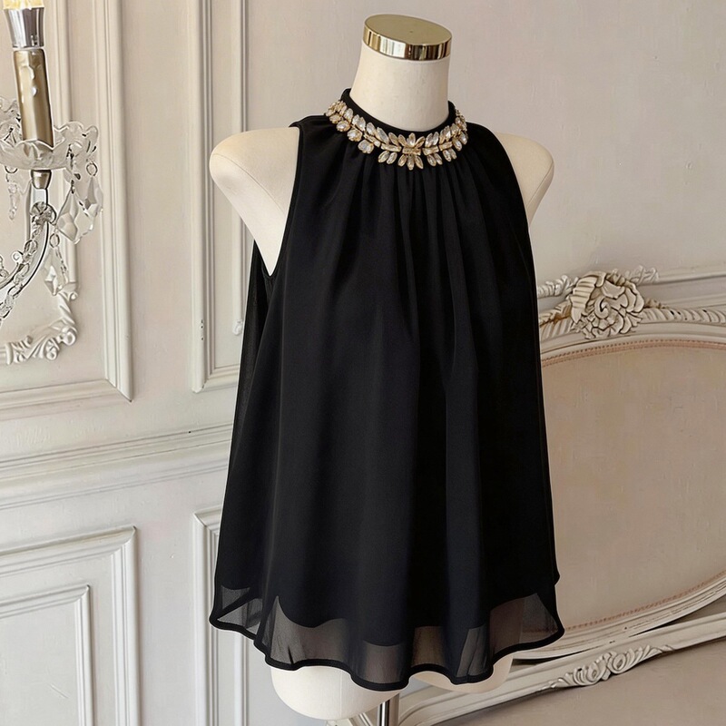 Real Price Guaranteed, Sleeveless Halter Top with Rhinestone Chain for Women, Loose Fit, Slimming Effect, Suitable for Petite Sizes Real Price Guaranteed, Sleeveless Halter Top with Rhinestone Chain for Women, Loose Fit, Slimming Effect, Suitable for Petite Sizes