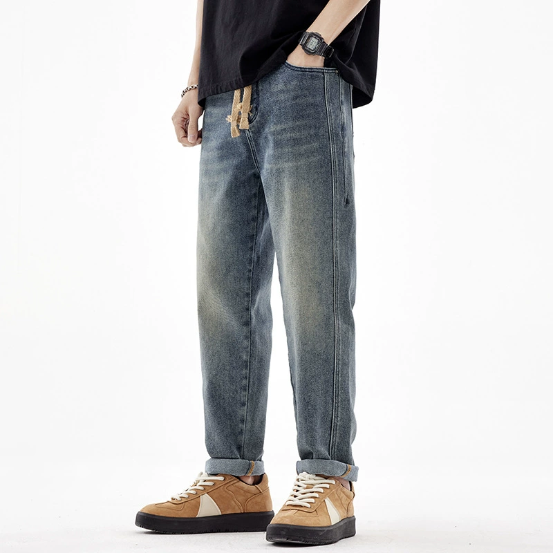 Весенние джинсы в американском стиле с микроконусами, мужские Модные брендовые свободные прямые повседневные винтажные Выбеленные эластичные узкие брюки High Street